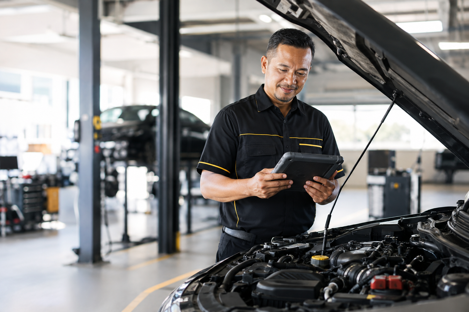 Juruteknik Melayu Autohaus memeriksa kereta