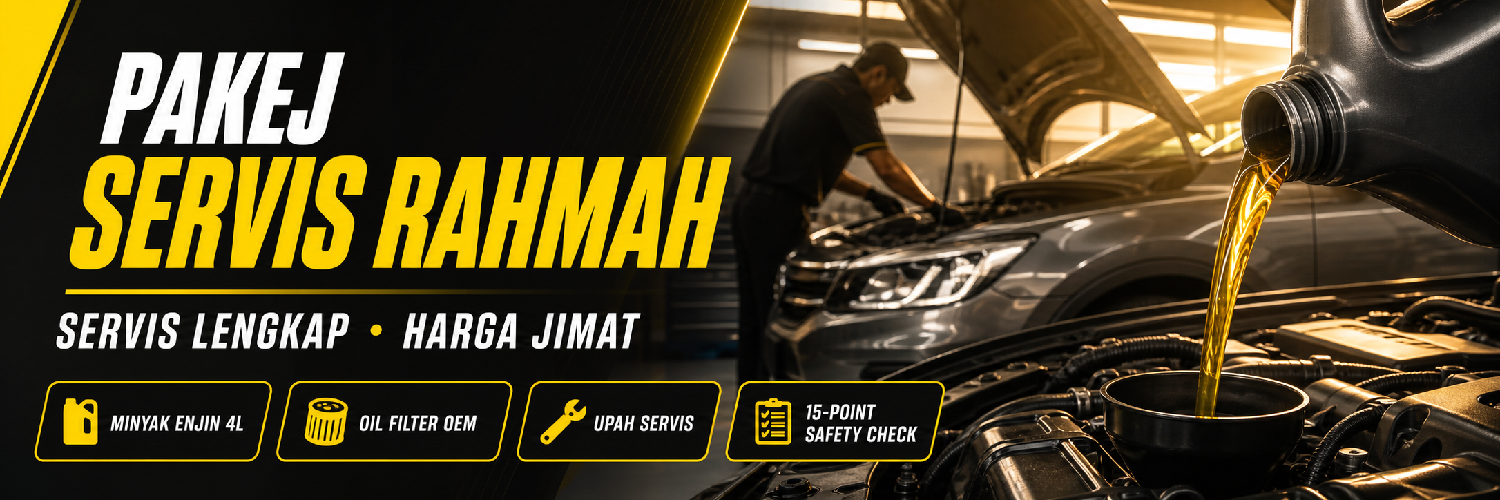 Pakej Servis Rahmah — servis lengkap, harga jimat dengan minyak enjin 4L, oil filter OEM, upah servis dan 15-point safety check